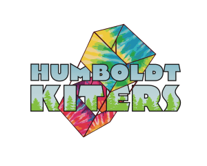 Second logo for Humboldt Kiters, redwoods, sky, tie-dye box kite.